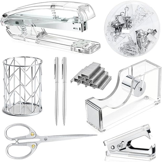 Office Desk Accessories，Office Supplies Set Acrylic Stapler Set Staple Remover, Tape Holder, Pen Holder, 2 Ballpoint Pen, Scissor, Binder Clips, Paper Clips and 1000pcs Staples(Silver)
