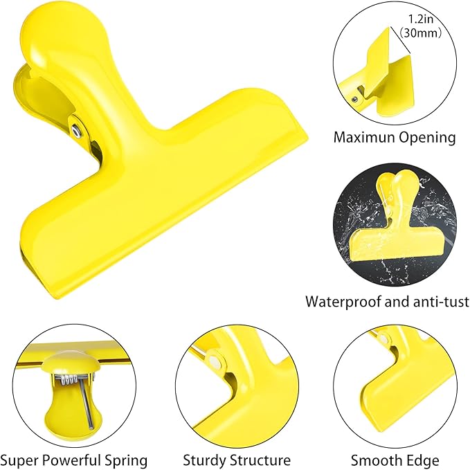 Bag Clips Heavy Duty Stainless Steel Chip Clips, Food Bags Clamp Great for Kitchen Office to Seal Coffee Bags, Paper Sheets - Pack of 8（Yellow）