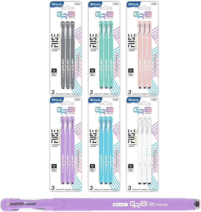 BAZIC Oil Gel Fuse Tech Ink Pen, GR8 Dazzle Black Ink w/Rubberized Barrel, 0.7 mm Medium Point Smooth Writing, for Office School (3/Pack), 24-Pack