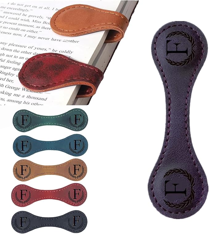 Personalized Magnetic Leather Bookmark, 26 Letters Custom Leather Bookmarks, Handmade, Leather Magnetic Bookmark for Book Lovers Readers Women Kid(Purple，F）