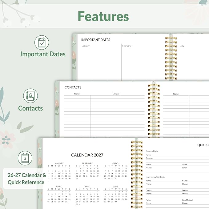 SUNEE 2026 Weekly and Monthly Planner - January 2026-December 2026, 8.5"x11" Half Weekly Half Note, Daily Agenda Planner with PVC Waterproof Cover, Monthly Tab, Note, Pockets, Bookmark, Wildflowers