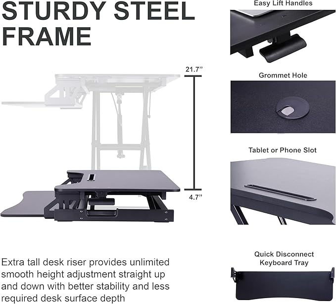 Rocelco 43" Height Adjustable Standing Desk Converter with Anti Fatigue Floor Mat - Tall Stand Up Tabletop Riser and Tablet Slot - Computer Workstation - Deep Keyboard Tray - Black (R VADRB-43-MAFM)