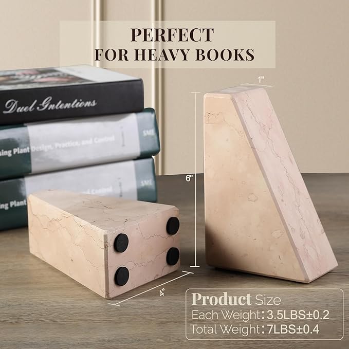 Koville Natural Stone Bookends for Shelves, Granite Book Ends for Heavy Books, Non-Slip Heavy Duty Book Stopper for CD/Movies, Decorative Bookend for Bookshelf Table Home Decor(Pink)