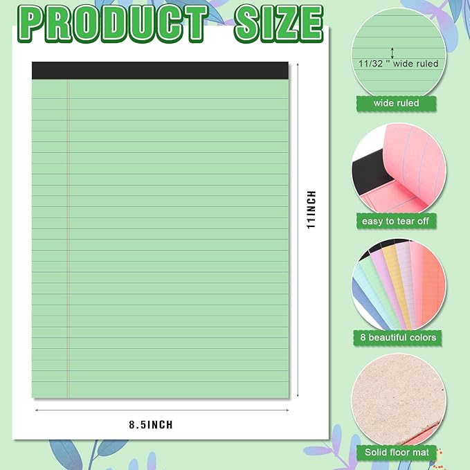 Fuutreo 8 Pcs 8.5'' x 11'' Colored Legal Pad Writing Pads Wide Ruled 50 Sheets Per Notepad Perforated Writing Notepad Office Supplies for School College Office Business (Pastel Colors)