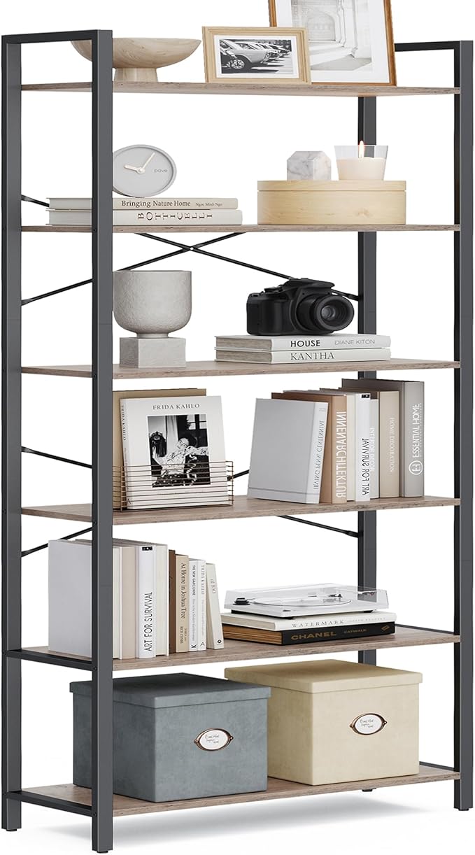 VASAGLE 6-Tier Bookshelf, Bookcase with Steel Frame, Book Shelf for Living Room, Home Office, Study, 11.8 x 31.5 x 73.2 Inches, Industrial Style, Heather Greige and Ink Black ULLS082B02