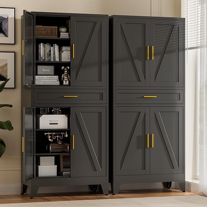 71" Tall Metal Storage Cabinet with Drawer and Adjustable Shelves,Farmhouse Kitchen Pantry Storage Cabinet with Doors,Large Wide Cabinets for Craft Room,Office,Dining Room,Bathroom(Black)