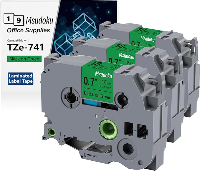 Tze Tz Tape 18mm 0.7 Laminated Green Compatible for Brother P Touch Label Maker Tape TZe-741 TZe741 Label Tape for PT D400 D600 D610 P710BT, Black on Green, 3/4 Inch x 26.2 Feet, 3-Pack