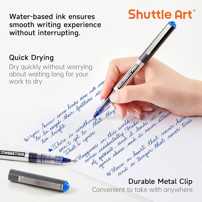 Shuttle Art RollerBall Pens, 50 Pack Blue Fine Point Roller Ball Pens, 0.5mm Liquid Ink Pens for Writing Journaling Taking Notes School Office
