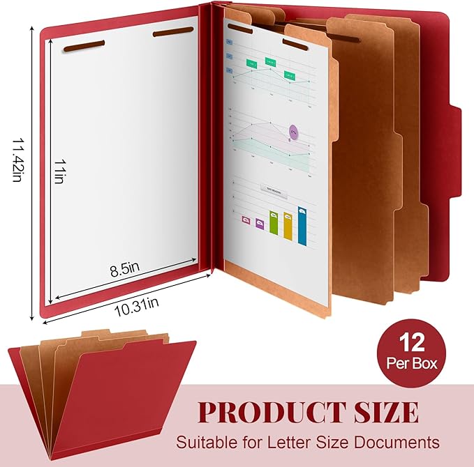 Skyygemm 12 Pcs Classification Folders Letter Size, 3 Divider Pressboard File Folder with Fasteners, Expanding File Organizer Bulk for Teachers, Clergy, Office, Church, Christmas Donations (Red)
