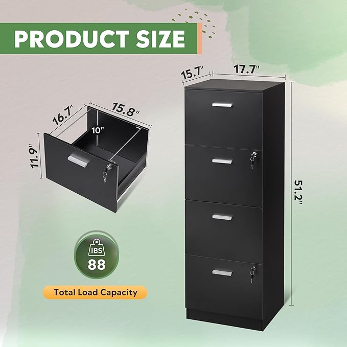 DEVAISE 4 Drawer File Cabinet with Lock, Vertical Filing Cabinet for A4/Letter Size Files, Wood Storage Organizer for Home Office, Black