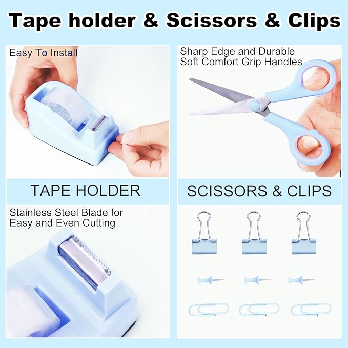 Desk Organizers and Accessories Set with 360-Degree Rotating Pen Holder, Tape Dispenser, Stapler, Staple Remover, 1000 Staples, Tape, Clips Set, Ruler, Scissor, Pen