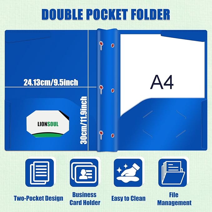 Pastel Plastic File Folders with Pockets and Prongs, 7 Pack, A4 Letter Size, Heavy Duty Waterproof Office Folders with Clear Front Cover for School, Home, and Office (Bright Blue)