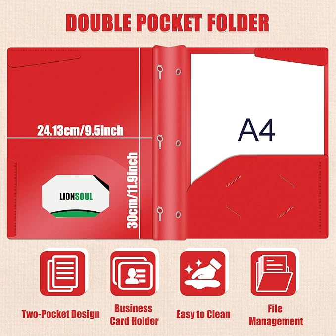 Pastel Plastic File Folders with Pockets and Prongs, 7 Pack, A4 Letter Size, Heavy Duty Waterproof Office Folders with Clear Front Cover for School, Home, and Office (Red)