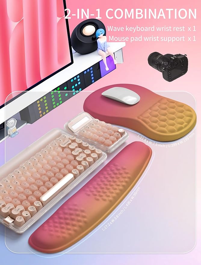 Hokafenle 2in1 Combination, Wave Keyboard Wrist Rest and Ergonomic Curvature Mouse Pad Wrist Support for Relieve Wrist Pain, Filled with Soft Cushion Memory Foam, Sunset Glow