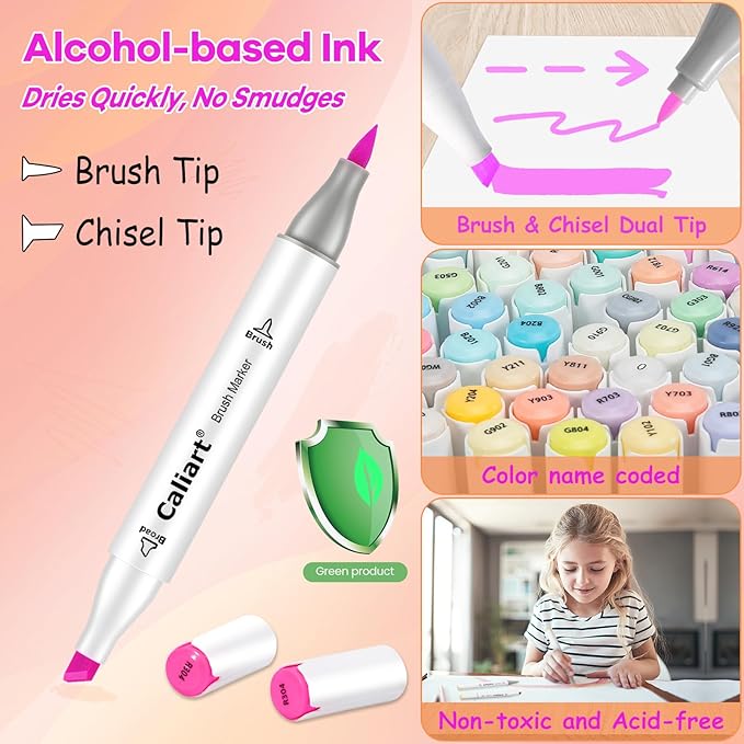 Caliart Markers Brush Tip & Chisel, 168 Colors Dual Tip Alcohol Markers for Adults Coloring Book, Permanent Art Pen Set for Professional Artists Illustration Sketch Drawing Gifts
