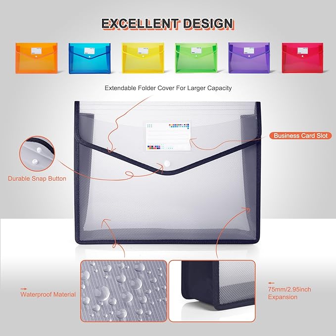 Plastic File Folders, Waterproof Transparent Expandable File Organiser, Portable Large Capacity A4B4 File Wallet for Office Business School (7 Pack)