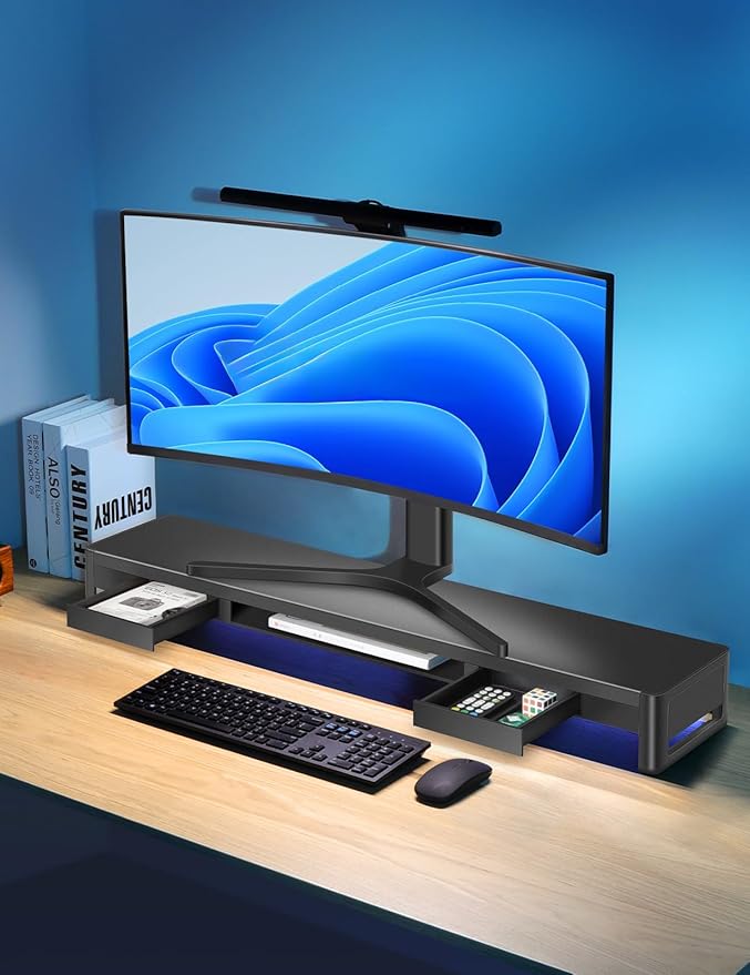 meatanty Dual Monitor Stand Riser with 2 Storage Drawers, Metal Computer Monitor Stand Monitor Shelf with Pull Out Drawer, Keyboard and Mouse Storage Desktop Organizer for PC,Laptop,iMac,TV,Printer