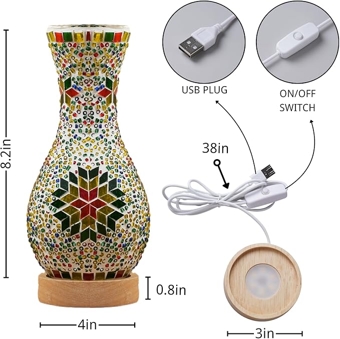 Unique Turkish Moroccan Style Mosaic Table Lamp, Colorful Glass Table Light with Wood Base, USB Powered for Bedroom, Living Room