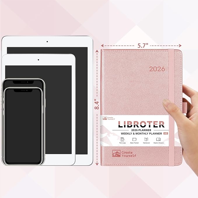 2026 Planner - Planner 2026, 2026 Weekly Monthly Planner, Jan.2026 - Dec.2026, 5.7'' x 8.4'', Thick Paper, Leather Cover, Pen Holder, Back Pocket, Bookmarks, Perfect Daily Organizer - Rose Gold