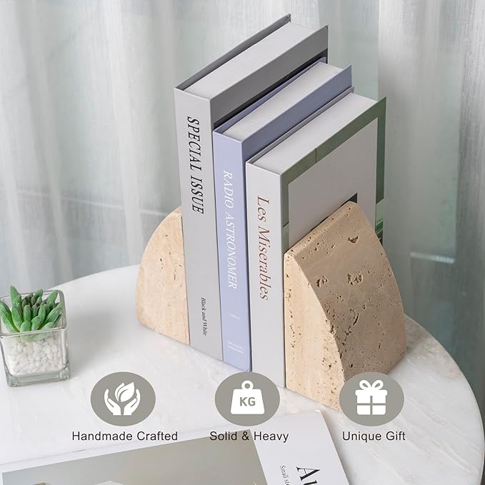 Koville Travertine Bookends for Shelves, Large Stone Bookends for Heavy Books, Non-Slip Heavy Duty Book Stopper for CD/Movies, Aesthetic Decorative Book Ends for Bookshelf Table Home Decor(Beige)