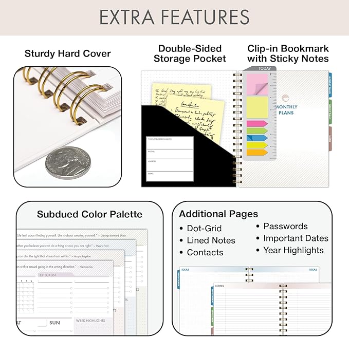 DELUXE ESSENTIAL PRO Undated Daily, Weekly & Monthly Planner,Monthly Tabs,Daily Tracking,Notes Pages,Storage Pocket,Bookmark w Sticky Notes (Black)