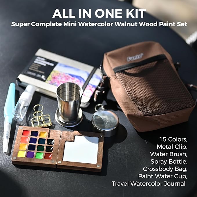 Funto Mini Watercolor Paint Set, All-In-One Walnut Wood 15-Color Premium Pocket Travel Paint Kit, with Crossbody Bag,Watercolor Journal, Metal Clip, Paint Water Cup, Water Brush Ideal for Art Lovers