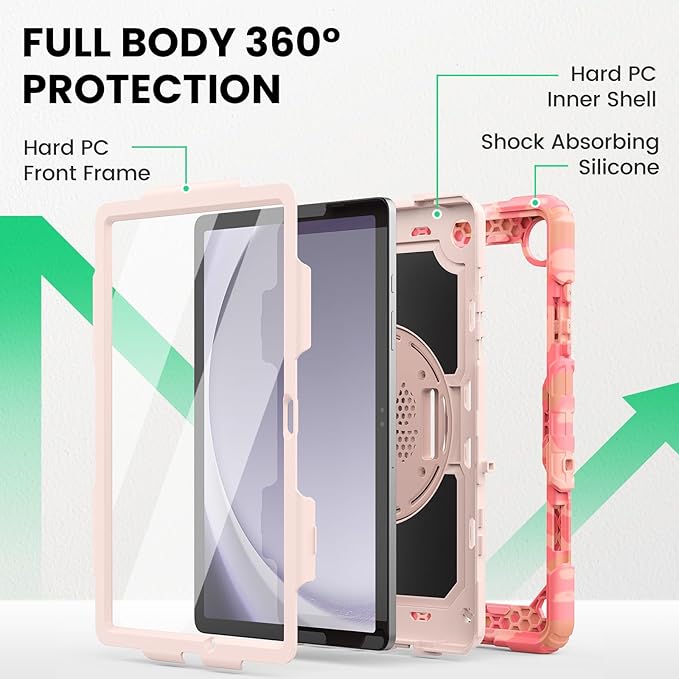 SEYMAC Case for Samsung Galaxy Tab A9+/ A9 Plus 11" (SM-X210/X216/X218), Heavy Duty Shockproof Protective Case with Screen Protector, Rotating Stand, Hand/Shoulder Strap, Multicolor/Pink