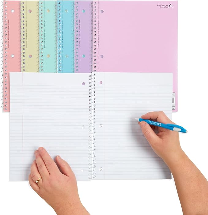Blue Summit Pastel Spiral Notebook College Ruled, One Subject School Notebooks Spiral, Perforated Notebooks Bulk, 8 x 10.5 School Book, Paper, College Ruled, 6 Pack
