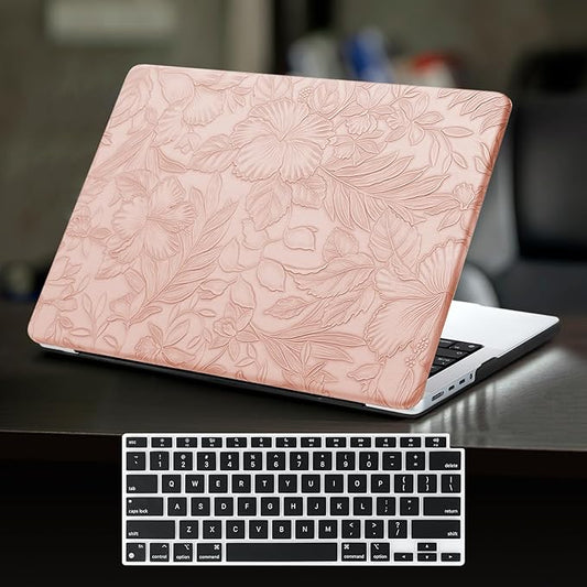 DTangLsm for MacBook Pro 13 inch Case 2025 2024-2016 M2 A2338 M1 A2251 A2289 A2159 A1989 A1708 A1706, Elegant Retro Leather Hard Shell Case for MacBook Pro 13" + Keyboard Cover, Pink Embossed Floral