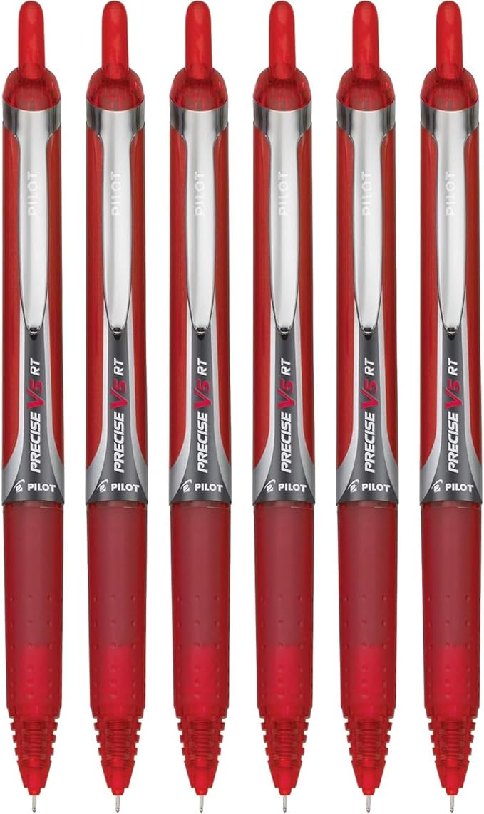 Precise V5 RT Retractable Rolling Ball Pens, Extra Fine Point (.5mm), Red Ink, 6-pk; Premium Comfort Grip, Bundle with Plastic Reusable Pouch