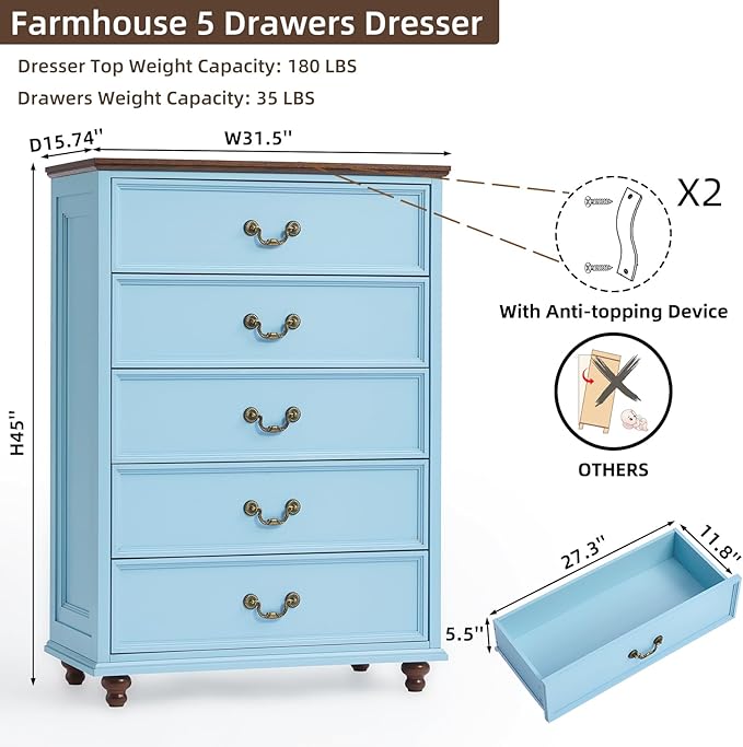 Farmhouse 5 Drawer Dresser for Bedroom, 45" Tall Rustic Chests of Drawers w/ 4 Solid Wood Feet, Mid Century Modern Wooden Closet Storage Dressers Organizer for Living Room, Hallway, Light Blue