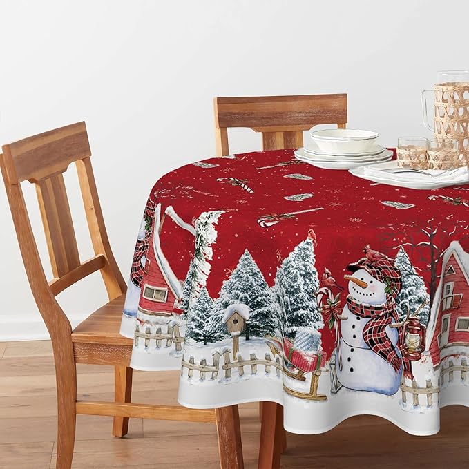 Horaldaily Christmas Tablecloth 90×90 Inch Round, Winter Snowman House Christmas Trees Red Washable Table Cover for Party Picnic Dinner Decor