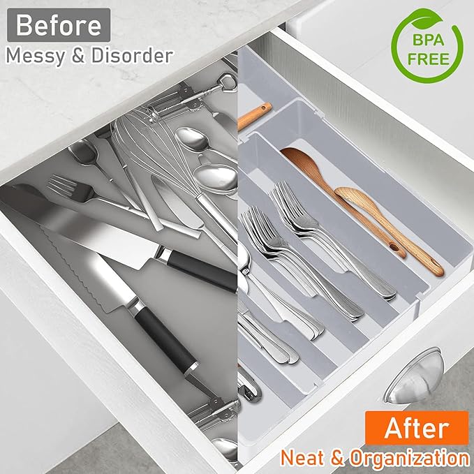 Silverware Organizer for drawer - Adjustable Kitchen Drawer Organizer Utensil Drawer Organizer, Expandable Silverware Tray for Drawer Utensil Organizer for Forks, Knives, Grey