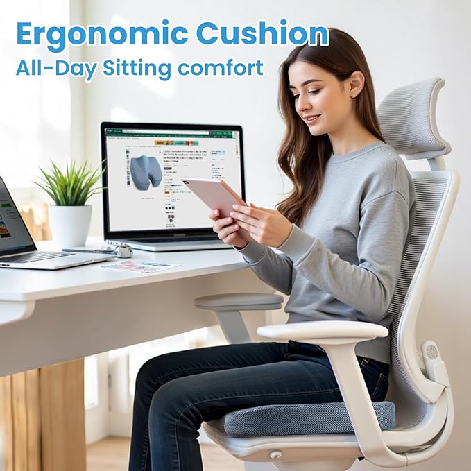 TushGuard Office/Car Seat Cushion, Non-Slip Sciatica & Back Coccyx Tailbone Pain Relief Chair Pad, Memory Foam Butt Pillow for Computer Desk, Wheelchair, Driving (Light Blue)