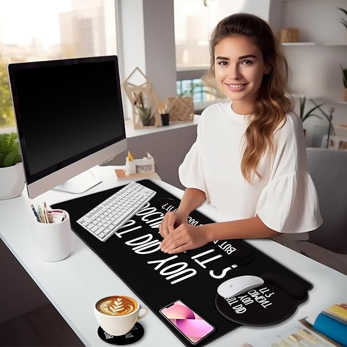 Black Mouse Pad Large Desk Mat Set, Funny Mouse Pad with Wrist Rest Keyboard Wrist Support XXL Mousepad Cup Coaster Set, Cute Office Desk Accessories Decor Supplies But Did You Document It