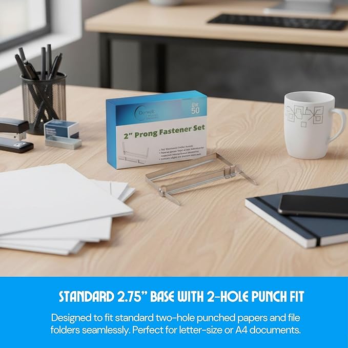 OLYMPX 50 Pcs of 2” Capacity Premium Metal Prong Paper Fastener Complete Set, 2.75 Inch Base with Standard 2-Hole Punch Compressor for Paper File Folder, 50 per Box