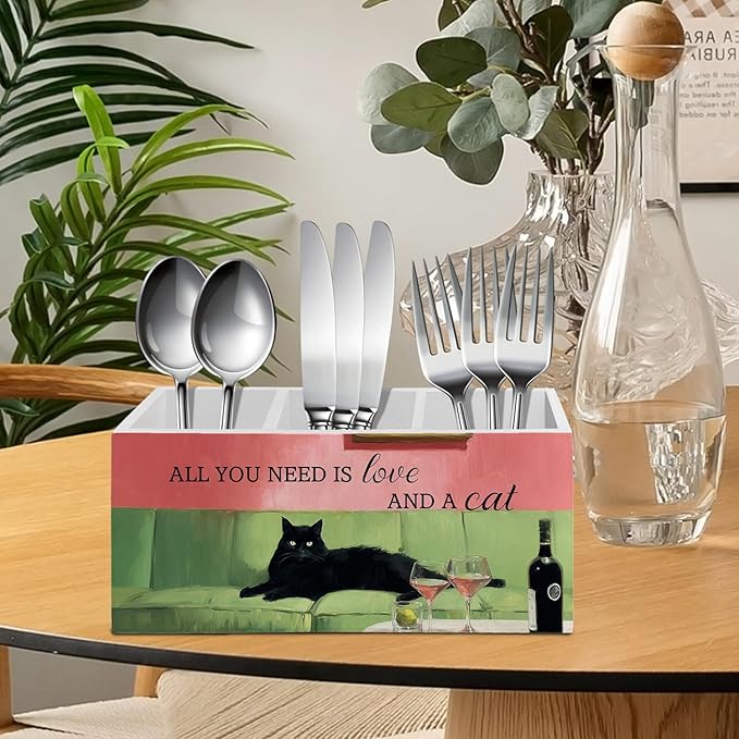 Funny Black Cat Cocktail Pen Pencil Holder Organizer for Desk Accessories, Trendy Whimsical Kitten Martini Wooden Box Sign Desk Decor for Office Decoration, Black Cat Gifts