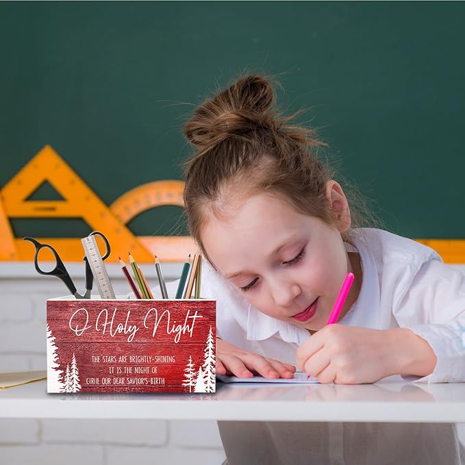 Red Rustic Christmas Tree Pen Holder for Desk, O Holy Night Holiday Christmas Wooden Box Sign Desk Decor for Home Office Decoration, Farmhouse Xmas Tree Pencil Organizer