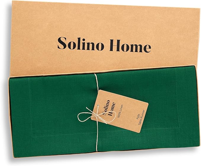Solino Home Linen Christmas Green Table Runner 144 Inches Long - 100% Pure Linen Extra Long Table Runner 14 x 144 Inch - Fete