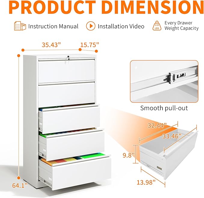 Locking Filing Cabinet with 5 Drawer Heavy Duty Large Metal File Cabinet Home Office Lateral File Cabinets Wide Steel Cabinet for Legal/Letter Size File,Assembly Required