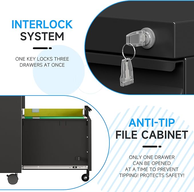 Bestoo 3-Drawer Mobile File Cabinet with Lock, Metal Filing Cabinet on Wheels for Home Office Under Desk, Fits File Folders, Letter/Legal/F4/A4 Size, Assembly Required (Black)