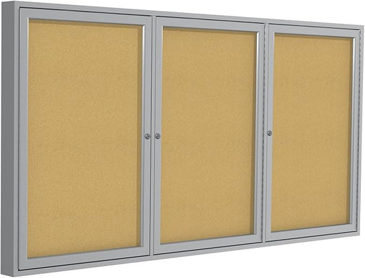 Ghent 48"x 96" 3-Door indoor Enclosed Bulletin Board, Shatter Resistant, with Lock, Satin Aluminum Frame - Natural Cork (PA34896K)-Made in USA