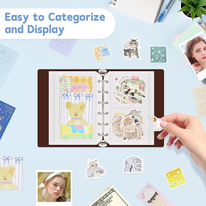 16 Pack Zippered Binder Pocket Sleeves for A7 Binder - Frosted Zipper Pouch Set Photo Card Jewelry Storage Organizer Binder Insert Refill Cash Saving Pages Protector Loose Leaf Bag (6-Hole)