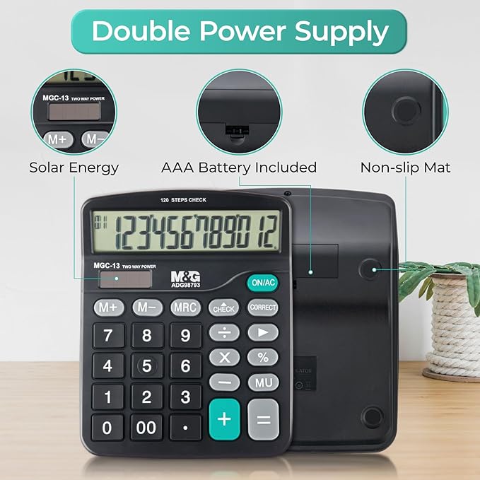 M&G Desk Calculator 12 Digit Office Calculators with Check & Correct, Dual Solar Power and Battery, Large LCD Display Business Calculator with Big Buttons Black