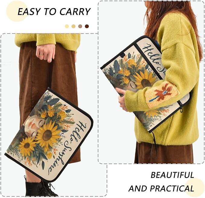 Cute Girl with Sunflowers Expanding File Organizer with 13 Pockets Accordion File Folders with Labels,Portable Document Paper Bill Receipt Organizer,Home College School Office Supplies, Letter