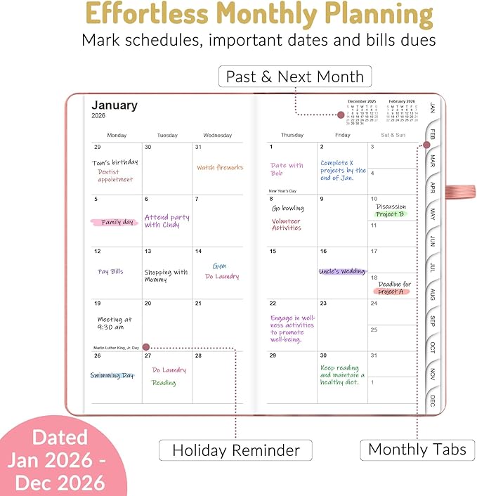 Forvencer Pocket Planner 2026, Weekly Monthly Planners with Month Tabs for Purse, 3.5" x 6", Jan 2026-Dec 2026, Cute Small Daily Academic Calendar, Elastic Band, Hardcover Agenda for Women, Teacher
