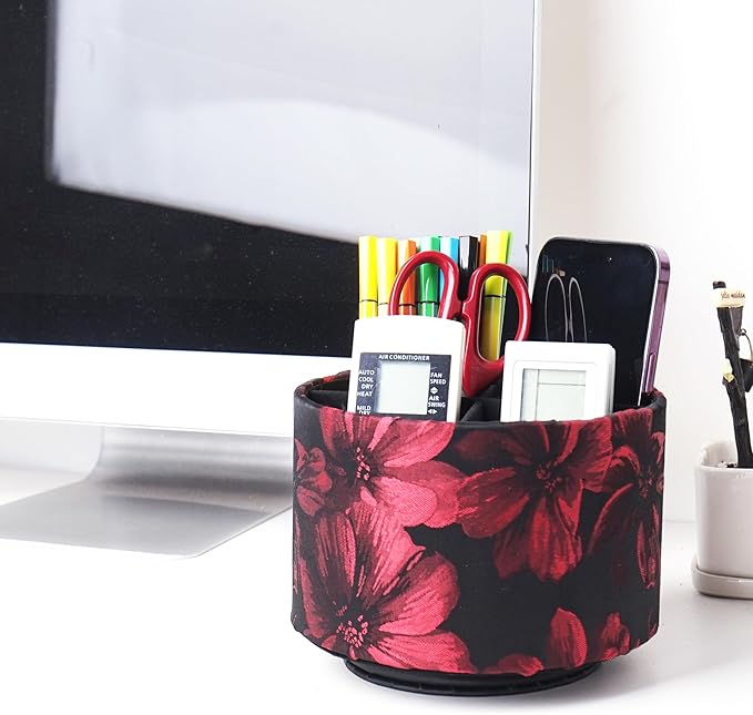 QIELIZI Round Leather Art Supply Organizer,Remote Control Holder,360 Degree Rotating,Multi-Functional Pencil Holder,4 Compartments Desktop Stationary Organizer(1-Dahlia Red)