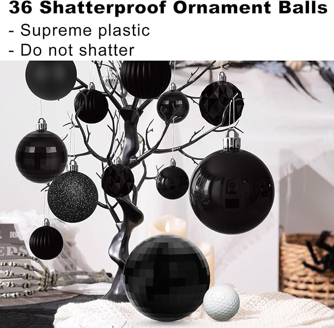 Black Christmas Ornaments - Christmas Tree Decorations Shatterproof Hanging Balls for Birthday Wedding Holiday Decor Set of 36pcs, Multi-Sizes(1.6",2.5",3.2")