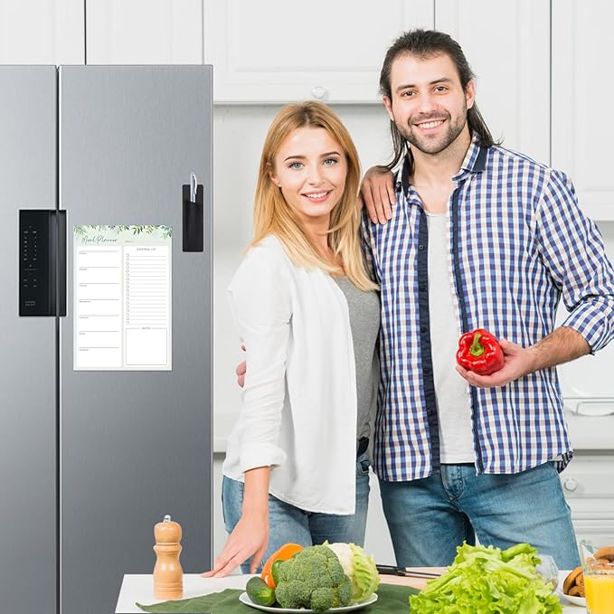 Meal Planner for fridge with Pen Holder, 60 Sheets 7x10'' Magnetic Meal Planner and Grocery List Undated Weekly Meal Planner with Tear off Shopping List for Meal Planning and Shopping, Green Leaf