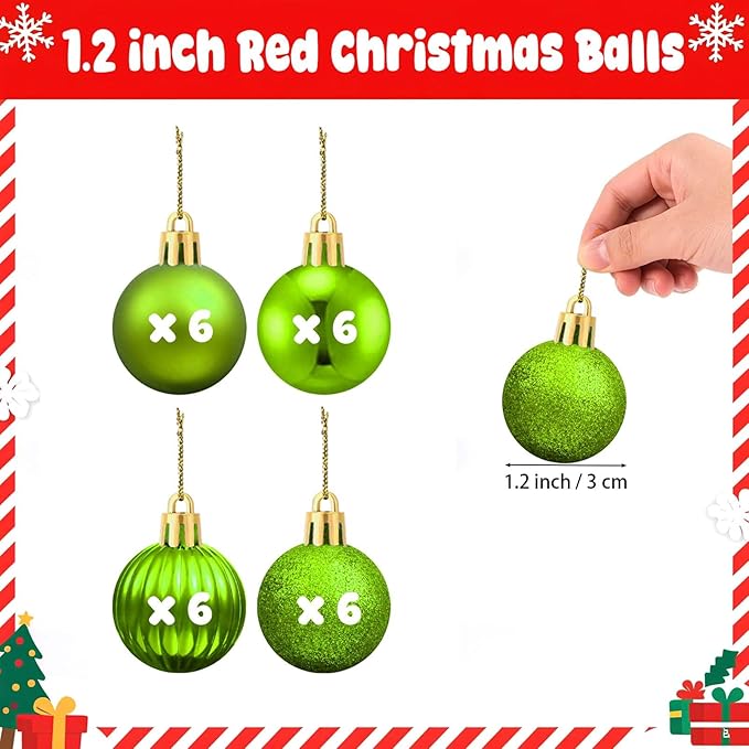 Set of 24 Small Green Christmas Ornaments Balls for Christmas Tree, 1.2 inch Mini Green Ornaments for Mini Tree, Tiny Plastic Shatterproof Hanging Bulbs Xmas Valentine Party Indoor Outdoor Decorations